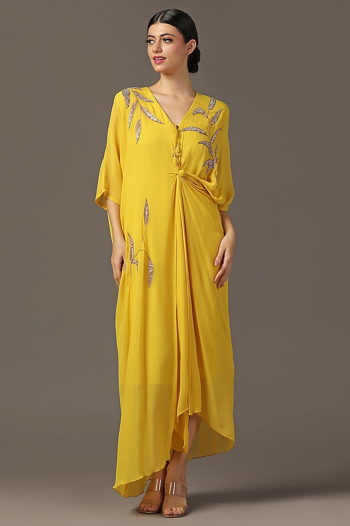 Yellow Silk Sequins Embroidered Draped Dress by Two Sisters By Gyans at Pernia's Pop Up Shop