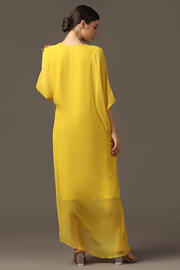 Yellow Silk Sequins Embroidered Draped Vacation Dress by Two Sisters By Gyans at Pernia's Pop Up Shop