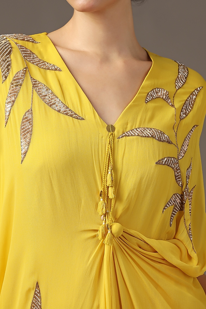 Yellow Silk Sequins Embroidered Draped Vacation Dress by Two Sisters By Gyans at Pernia's Pop Up Shop