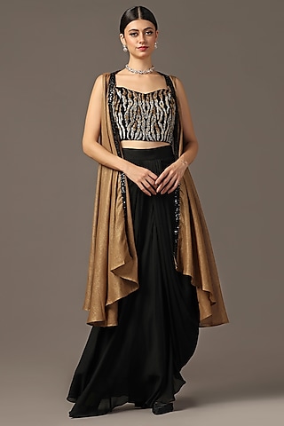Black Chiffon Draped Skirt Set by Two Sisters By Gyans