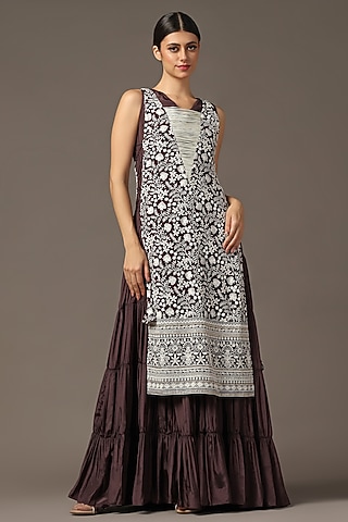 Purple Georgette Tiered Anarkali Gown With Cape by Two Sisters By Gyans