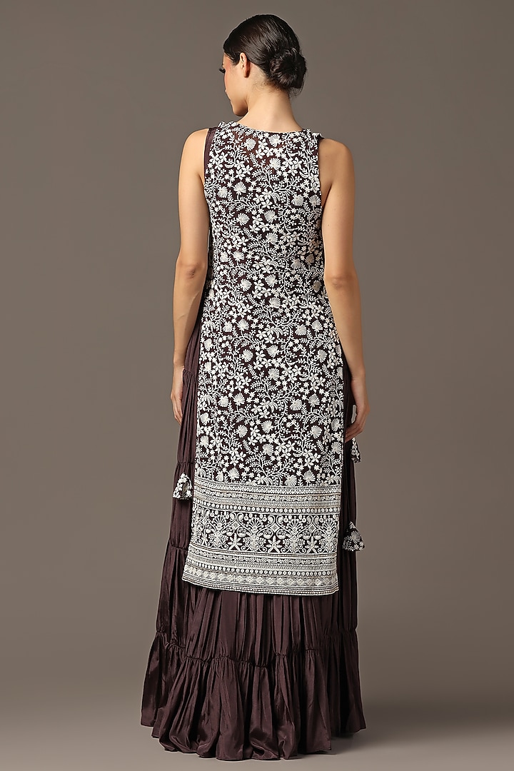 Purple Georgette Tiered Anarkali Engagement Gown With Cape by Two Sisters By Gyans at Pernia's Pop Up Shop