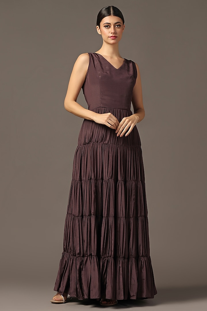 Purple Georgette Tiered Anarkali Engagement Gown With Cape by Two Sisters By Gyans at Pernia's Pop Up Shop