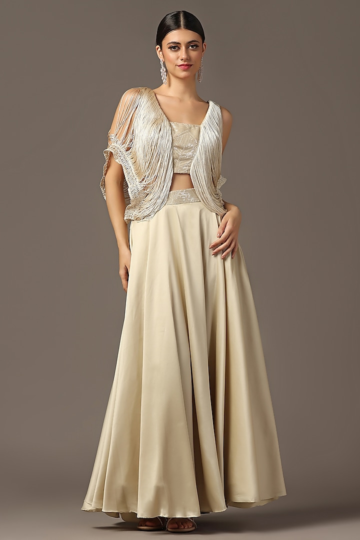 Champagne Gold Satin Flowing Skirt Set by Two Sisters By Gyans at Pernia's Pop Up Shop