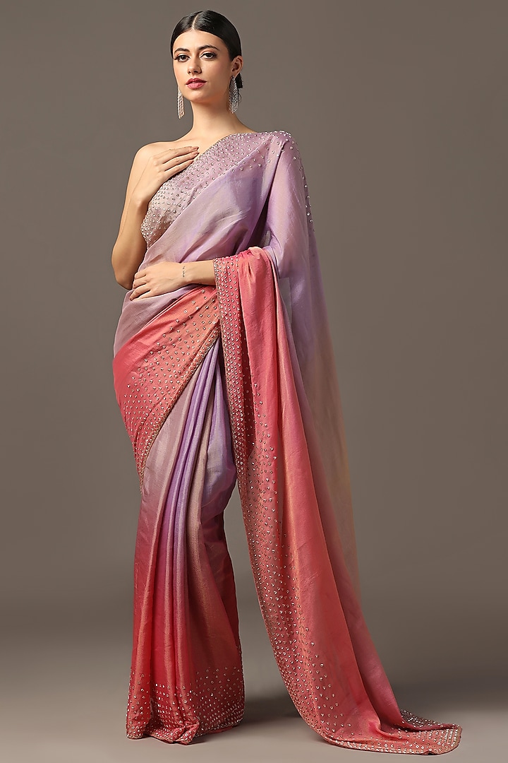 Pink & Purple Ombre Georgette Tissue Cutdana Embroidered Saree Set by Two Sisters By Gyans at Pernia's Pop Up Shop