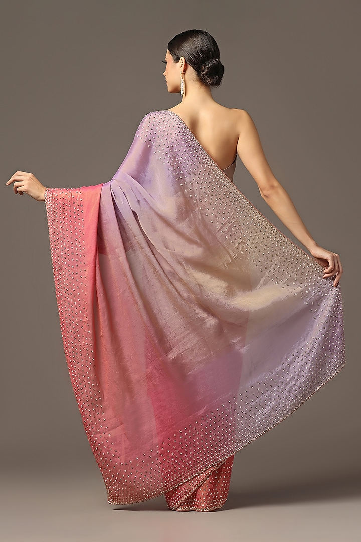 Pink & Purple Ombre Georgette Tissue Cutdana Embroidered Wedding Saree Set by Two Sisters By Gyans at Pernia's Pop Up Shop