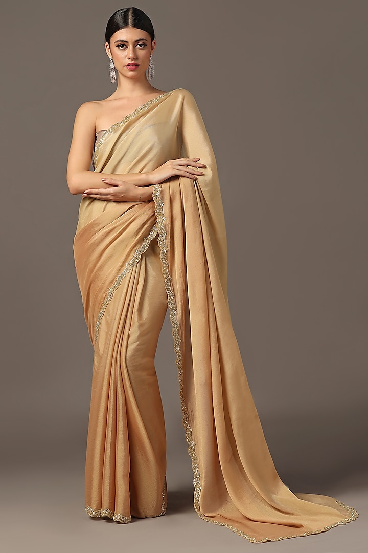 Gold Chiffon Cutdana Embroidered Saree Set by Two Sisters By Gyans at Pernia's Pop Up Shop