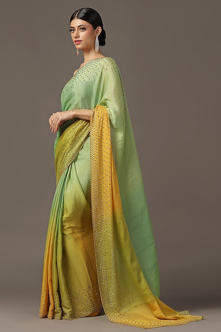 Light Green & Yellow Ombre Georgette Tissue Cutdana Embroidered Saree Set by Two Sisters By Gyans at Pernia's Pop Up Shop