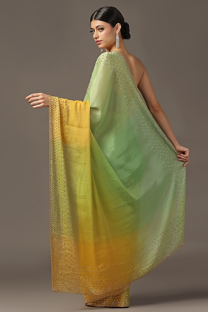 Light Green & Yellow Ombre Georgette Tissue Cutdana Embroidered Wedding Saree Set by Two Sisters By Gyans at Pernia's Pop Up Shop