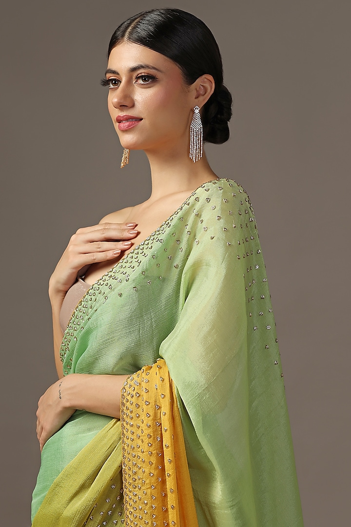 Light Green & Yellow Ombre Georgette Tissue Cutdana Embroidered Wedding Saree Set by Two Sisters By Gyans at Pernia's Pop Up Shop