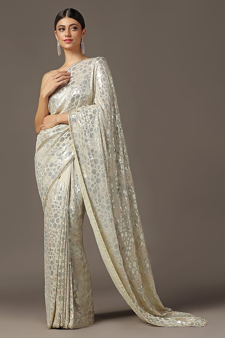 Beige Georgette Sequins Embellished Saree Set by Two Sisters By Gyans at Pernia's Pop Up Shop