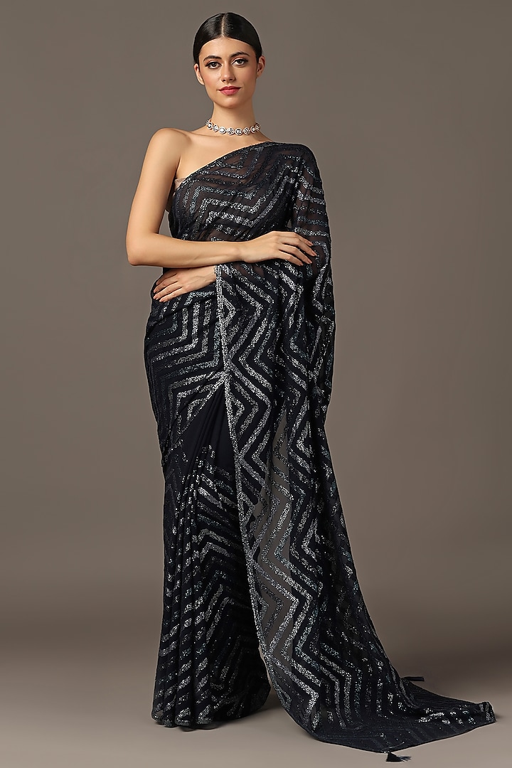 Black Georgette Chevron Sequins Saree Set by Two Sisters By Gyans at Pernia's Pop Up Shop