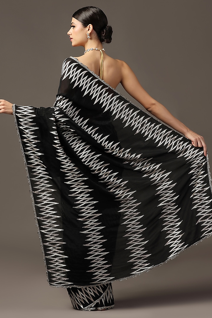 Black Georgette Cutdana Hand Embroidered Wedding Saree Set by Two Sisters By Gyans at Pernia's Pop Up Shop