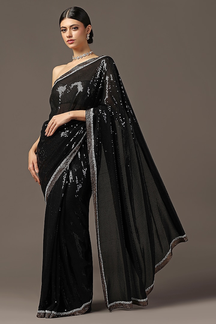 Black Georgette Sequins Embroidered Saree Set by Two Sisters By Gyans at Pernia's Pop Up Shop