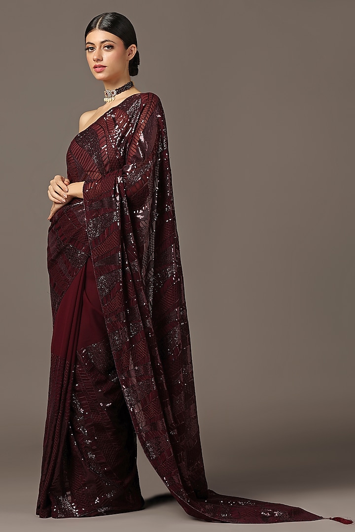 Maroon Georgette Sequins Embellished Saree Set by Two Sisters By Gyans at Pernia's Pop Up Shop