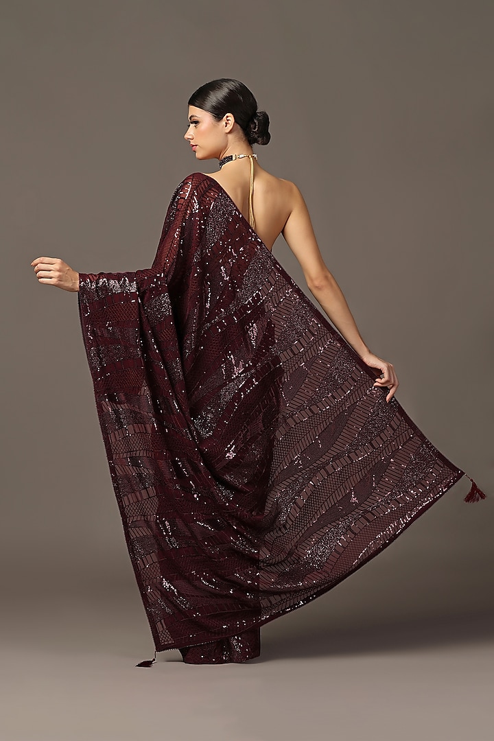 Maroon Georgette Sequins Embellished Wedding Saree Set by Two Sisters By Gyans at Pernia's Pop Up Shop
