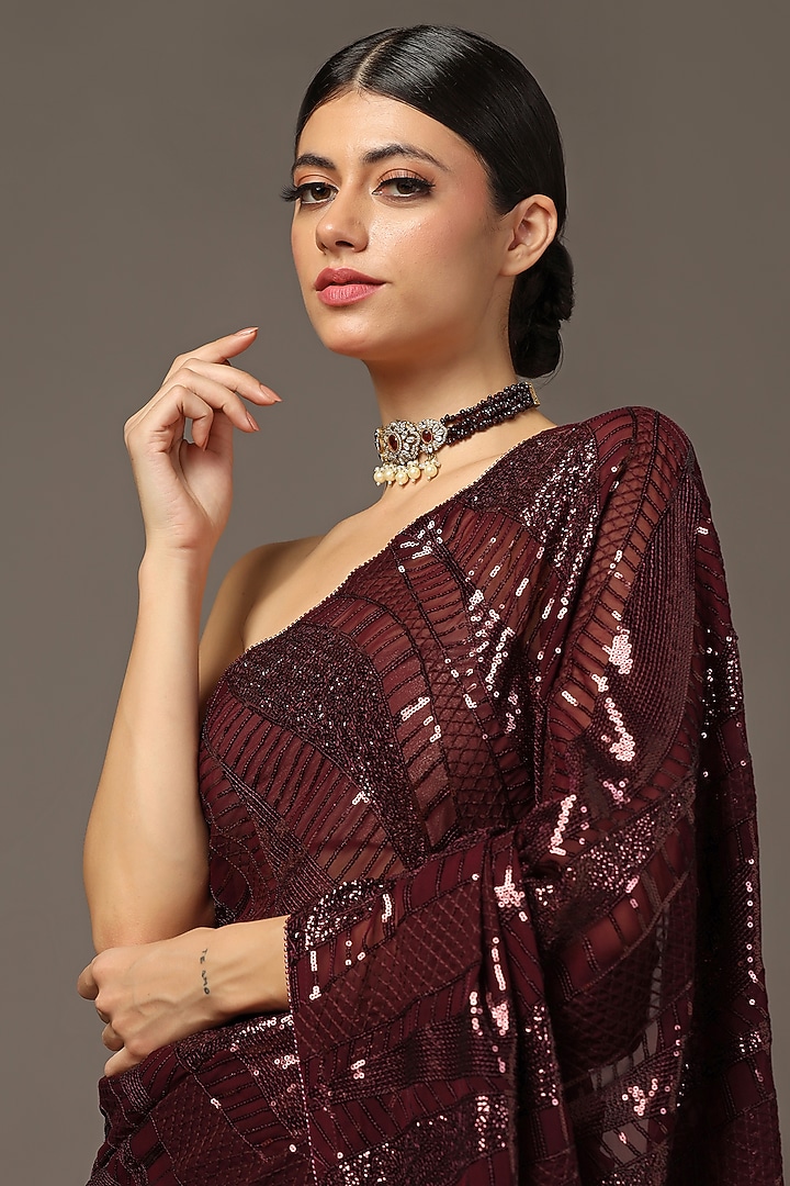 Maroon Georgette Sequins Embellished Wedding Saree Set by Two Sisters By Gyans at Pernia's Pop Up Shop