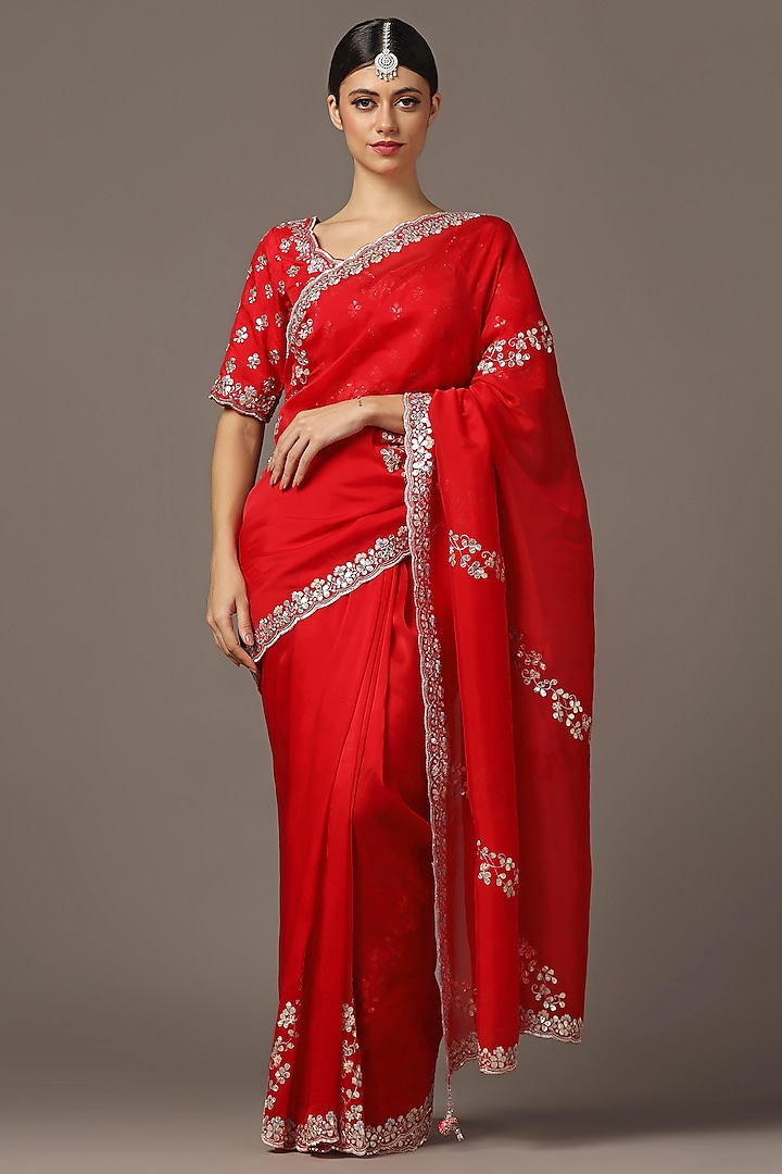 Red Satin Silk Gota-Patti Embroidered Saree Set by Two Sisters By Gyans at Pernia's Pop Up Shop