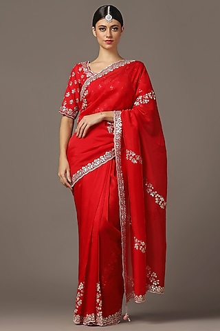 Red Satin Silk Gota-Patti Embroidered Saree Set by Two Sisters By Gyans