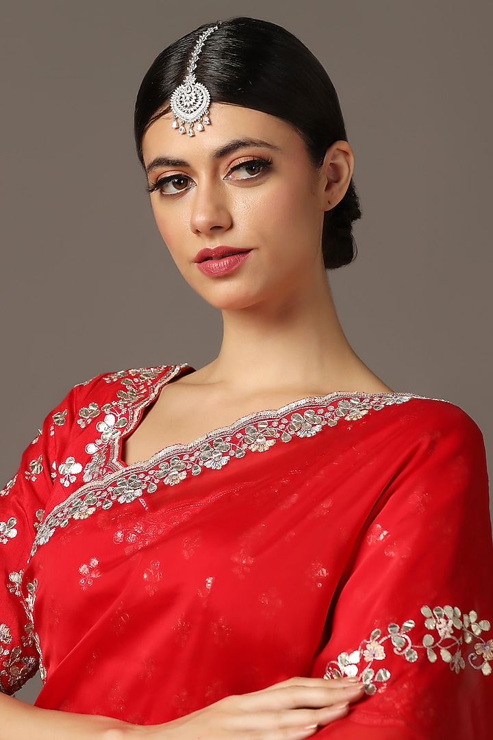 Red Satin Silk Gota-Patti Embroidered Wedding Saree Set by Two Sisters By Gyans at Pernia's Pop Up Shop