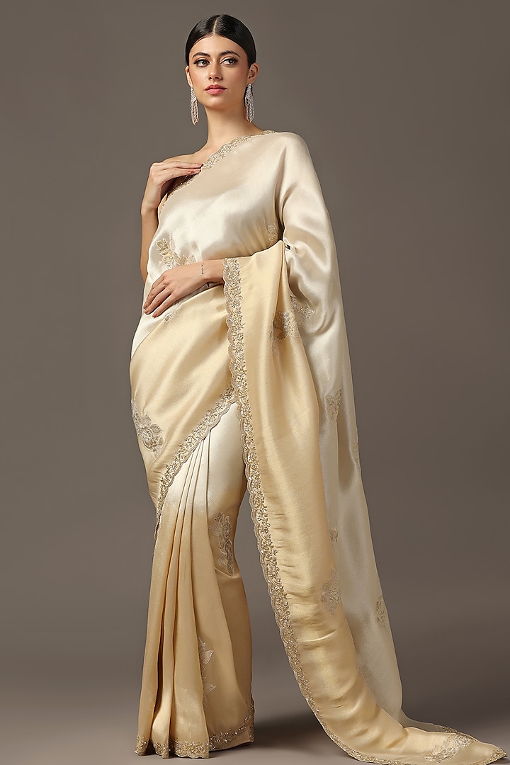 Golden Tissue Zari Embroidered Handwoven Saree Set by Two Sisters By Gyans at Pernia's Pop Up Shop