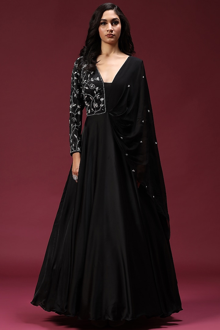 Black Georgette Hand Embroidered Gown by Two Sisters By Gyans at Pernia's Pop Up Shop