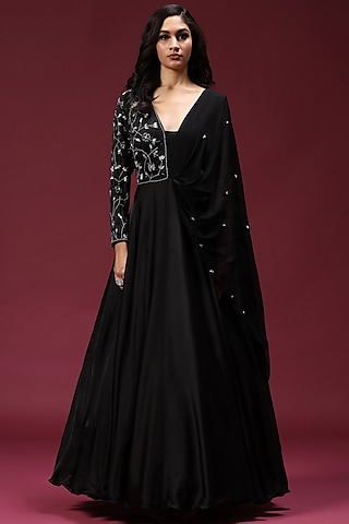 Black Georgette Hand Embroidered Gown by Two Sisters By Gyans