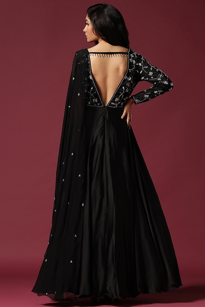Black Georgette Hand Embroidered Engagement Gown by Two Sisters By Gyans at Pernia's Pop Up Shop
