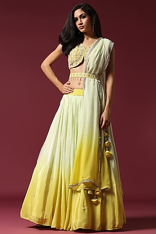 Yellow & Mint Ombre Crepe Silk Lehenga Set by Two Sisters By Gyans