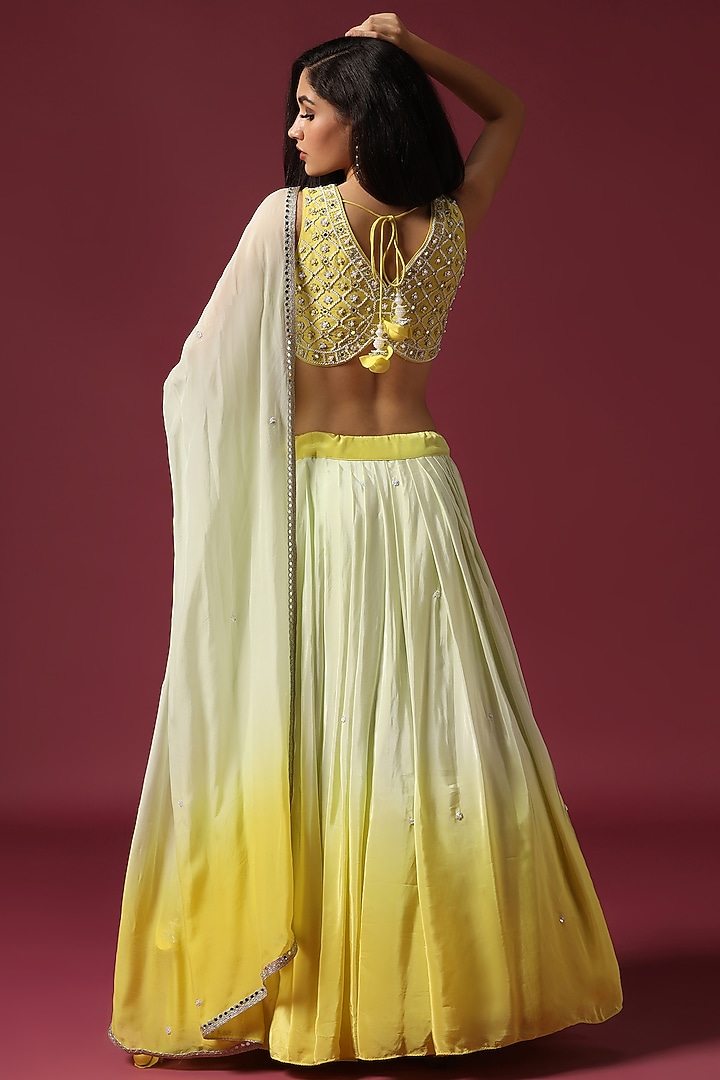 Yellow & Mint Ombre Crepe Silk Wedding Lehenga Set by Two Sisters By Gyans at Pernia's Pop Up Shop