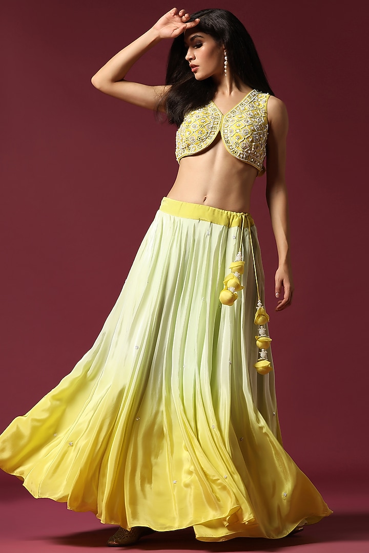 Yellow & Mint Ombre Crepe Silk Wedding Lehenga Set by Two Sisters By Gyans at Pernia's Pop Up Shop