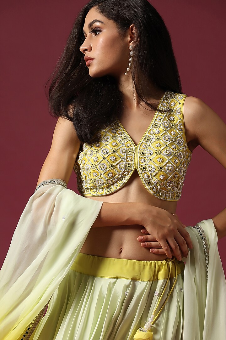 Yellow & Mint Ombre Crepe Silk Wedding Lehenga Set by Two Sisters By Gyans at Pernia's Pop Up Shop
