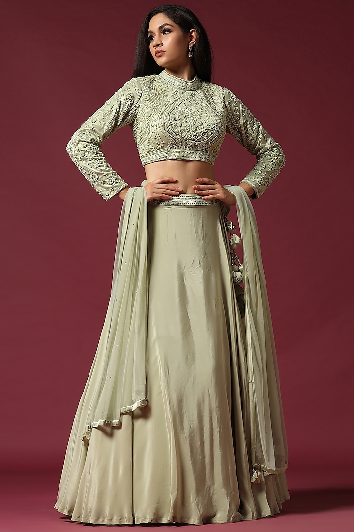 Mint Green Crepe Hand Embroidered Wedding Lehenga Set by Two Sisters By Gyans at Pernia's Pop Up Shop