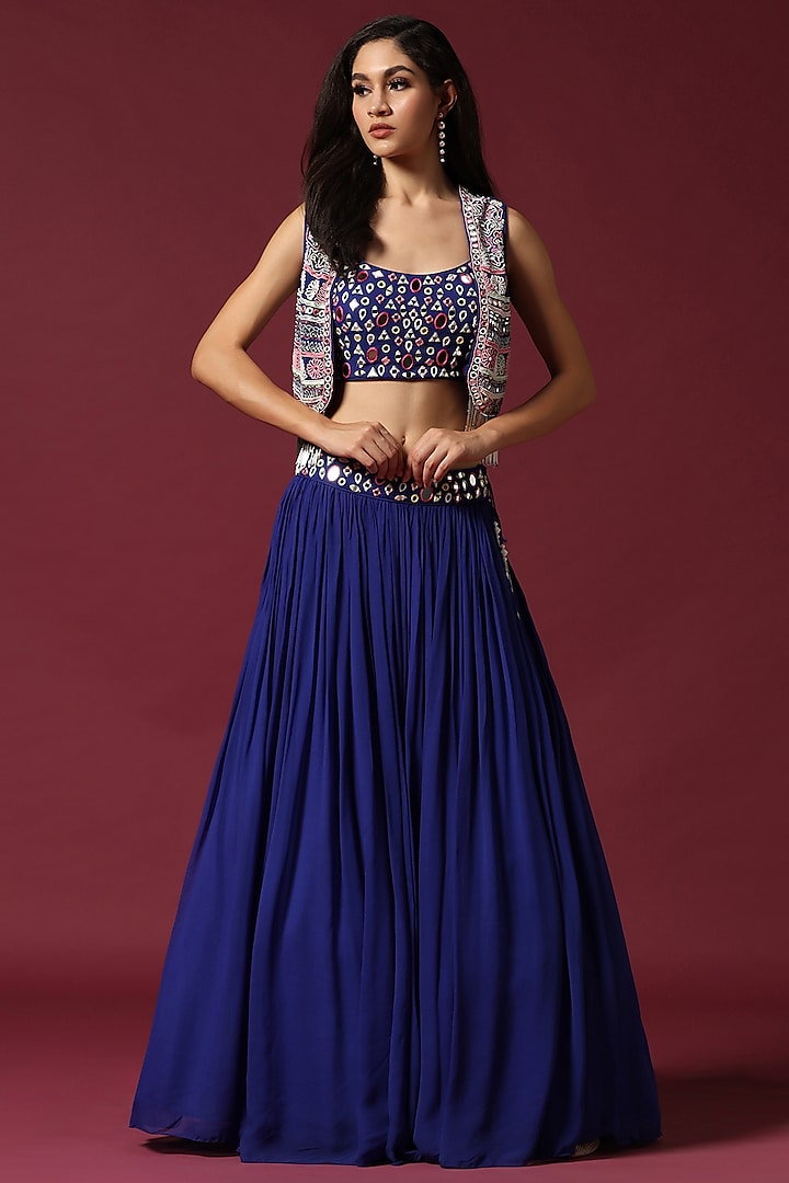 Blue Georgette Embroidered Jacket Wedding Lehenga Set by Two Sisters By Gyans at Pernia's Pop Up Shop