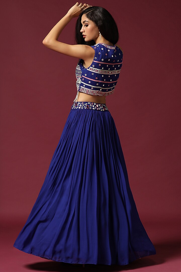 Blue Georgette Embroidered Jacket Wedding Lehenga Set by Two Sisters By Gyans at Pernia's Pop Up Shop