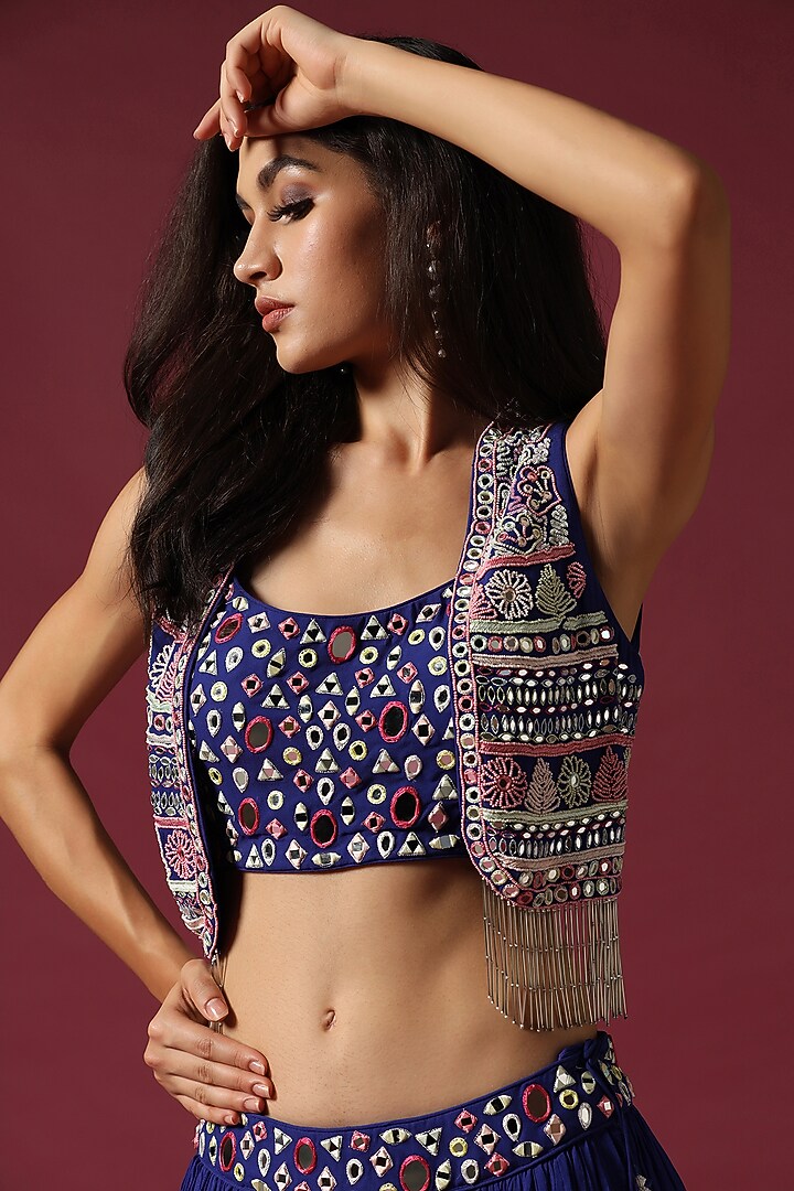 Blue Georgette Embroidered Jacket Wedding Lehenga Set by Two Sisters By Gyans at Pernia's Pop Up Shop