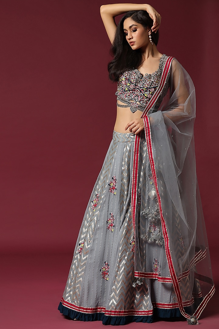 Grey Banarasi & Georgette Hand Embroidered Wedding Lehenga Set by Two Sisters By Gyans at Pernia's Pop Up Shop