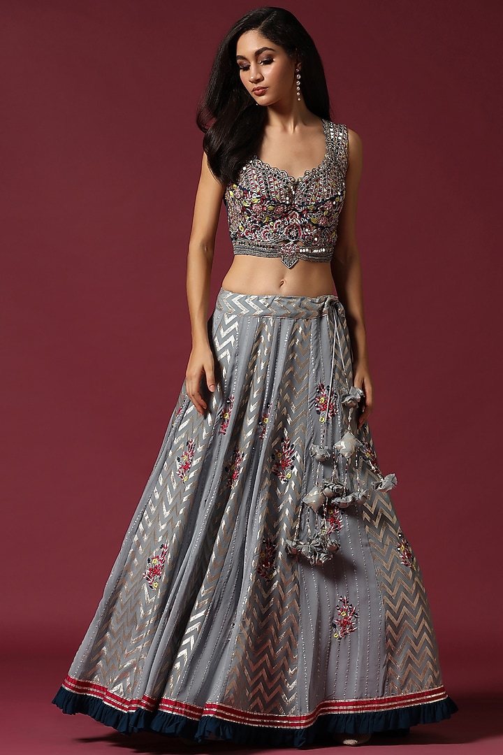 Grey Banarasi & Georgette Hand Embroidered Wedding Lehenga Set by Two Sisters By Gyans at Pernia's Pop Up Shop