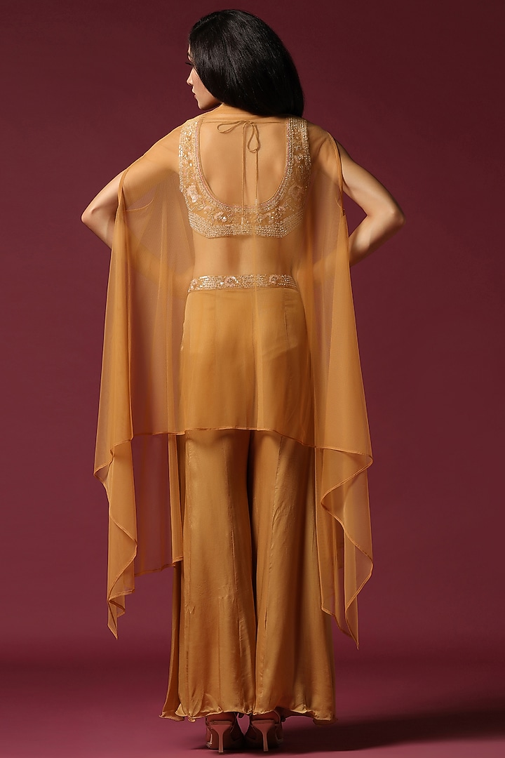 Mustard Net Hand Embroidered Cape Set by Two Sisters By Gyans at Pernia's Pop Up Shop
