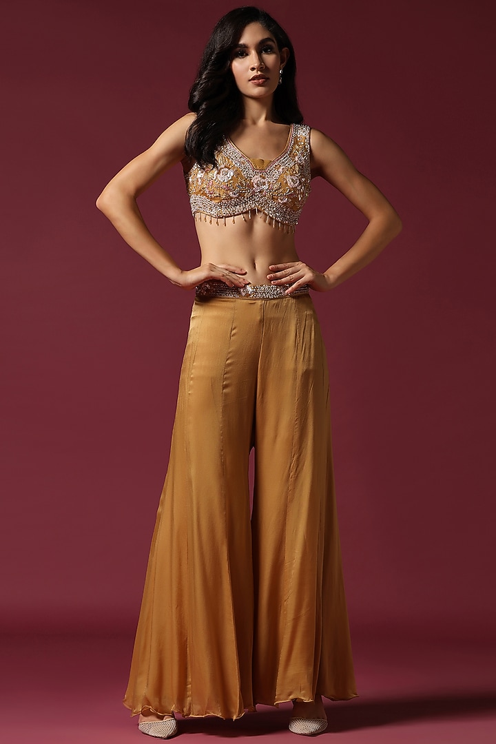 Mustard Net Hand Embroidered Cape Set by Two Sisters By Gyans at Pernia's Pop Up Shop