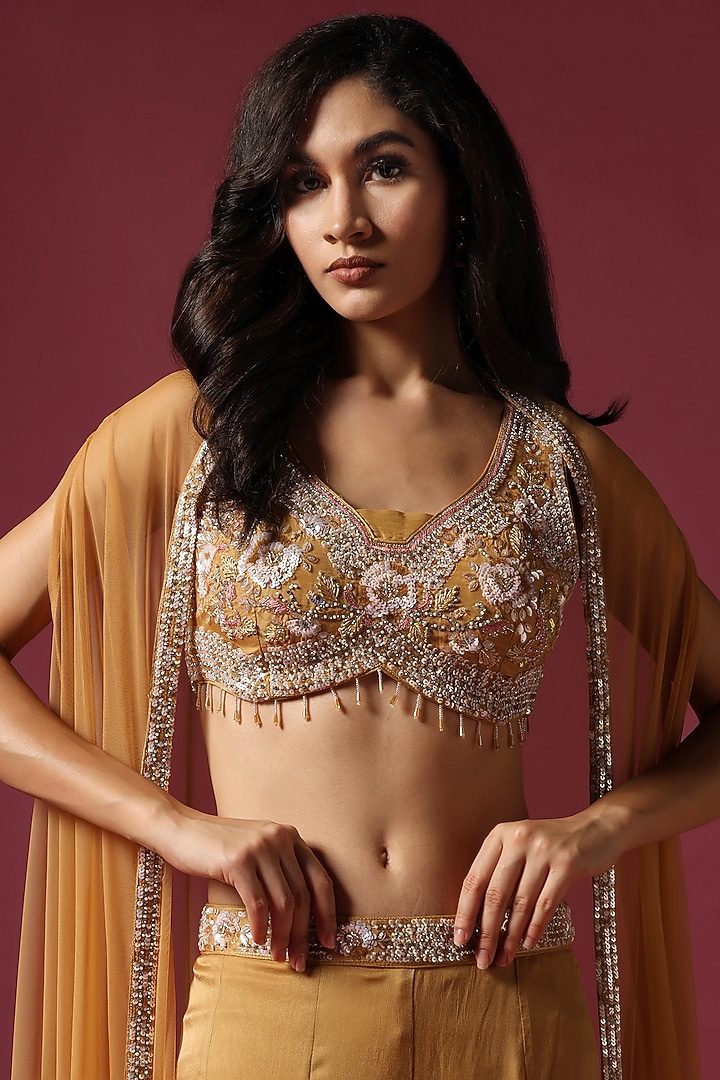 Mustard Net Hand Embroidered Cape Set by Two Sisters By Gyans at Pernia's Pop Up Shop