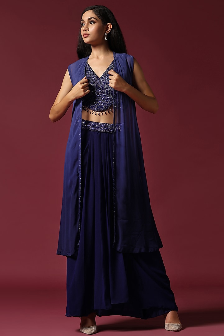 Navy Blue Georgette Sequins Embroidered Cape Set by Two Sisters By Gyans at Pernia's Pop Up Shop