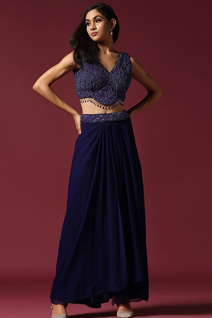 Navy Blue Georgette Sequins Embroidered Cape Set by Two Sisters By Gyans at Pernia's Pop Up Shop
