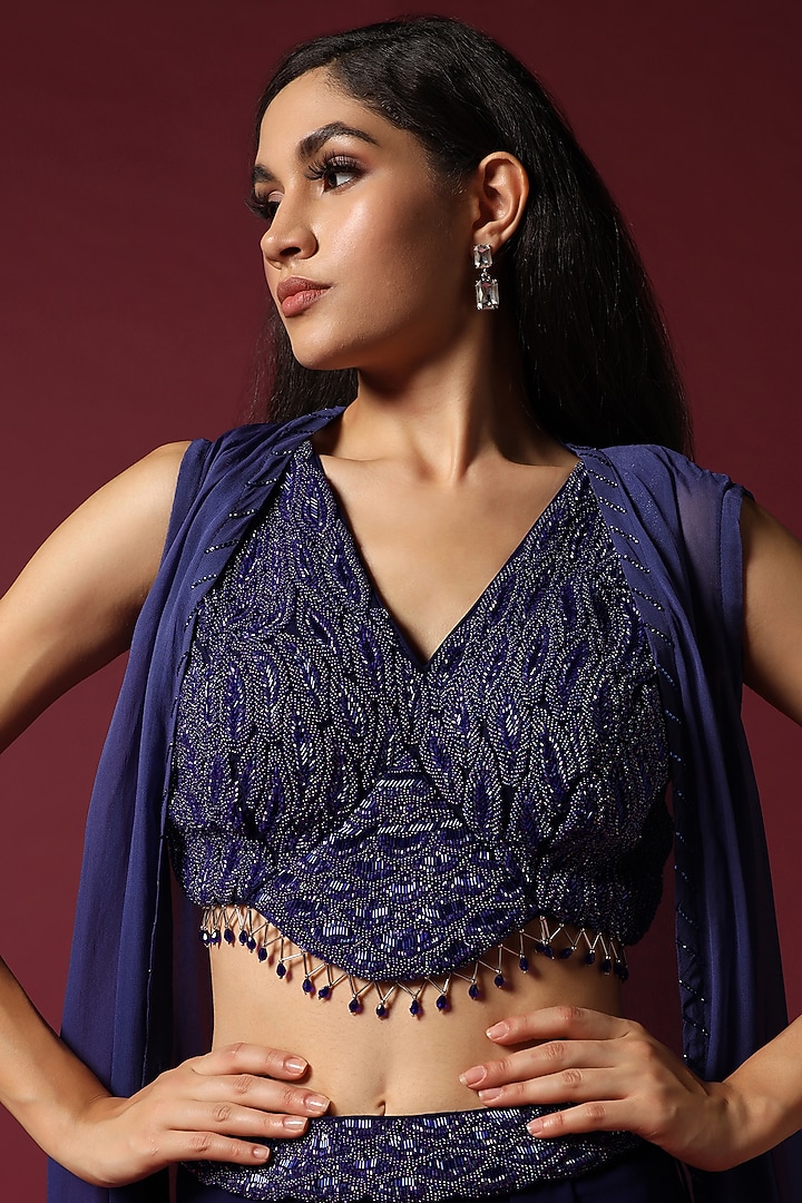 Navy Blue Georgette Sequins Embroidered Cape Set by Two Sisters By Gyans at Pernia's Pop Up Shop
