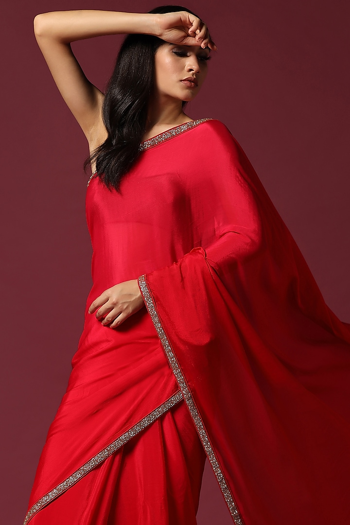 Red Chiffon Beadwork Party Wear Saree Set by Two Sisters By Gyans at Pernia's Pop Up Shop