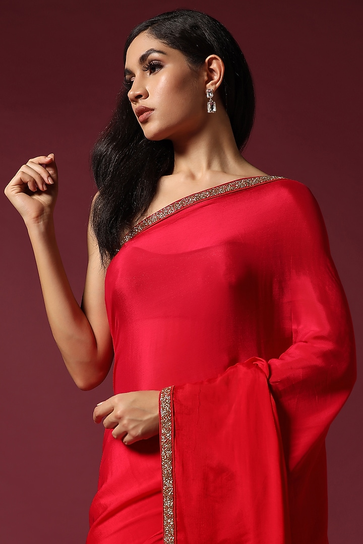 Red Chiffon Beadwork Party Wear Saree Set by Two Sisters By Gyans at Pernia's Pop Up Shop
