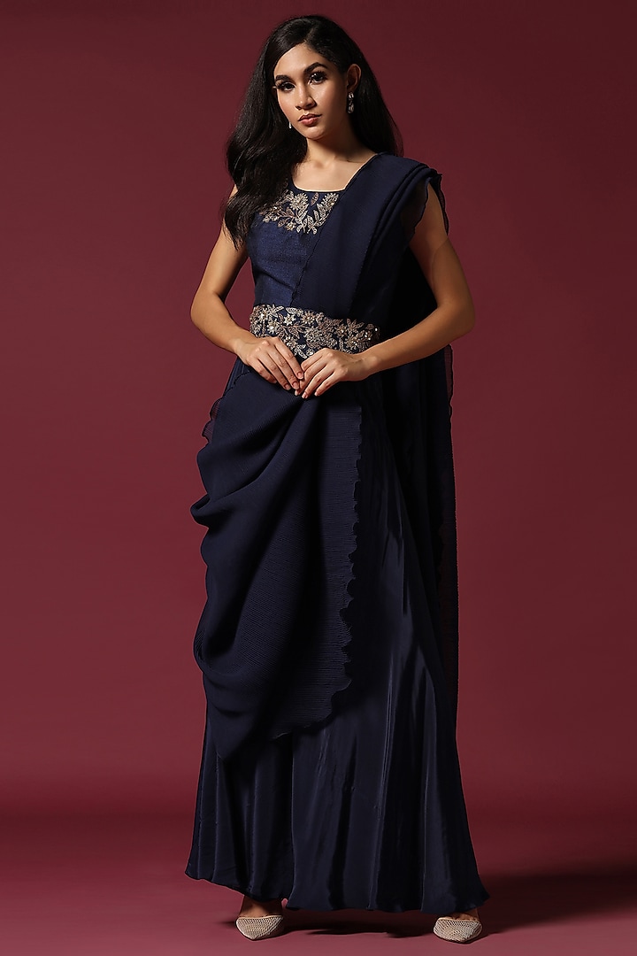 Blue Crepe Silk Hand Embroidered Draped Skirt Saree Set by Two Sisters By Gyans at Pernia's Pop Up Shop