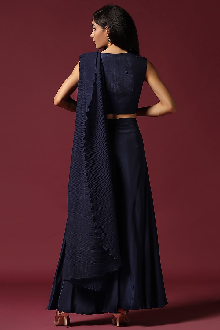 Blue Crepe Silk Hand Embroidered Draped Skirt Wedding Saree Set by Two Sisters By Gyans at Pernia's Pop Up Shop