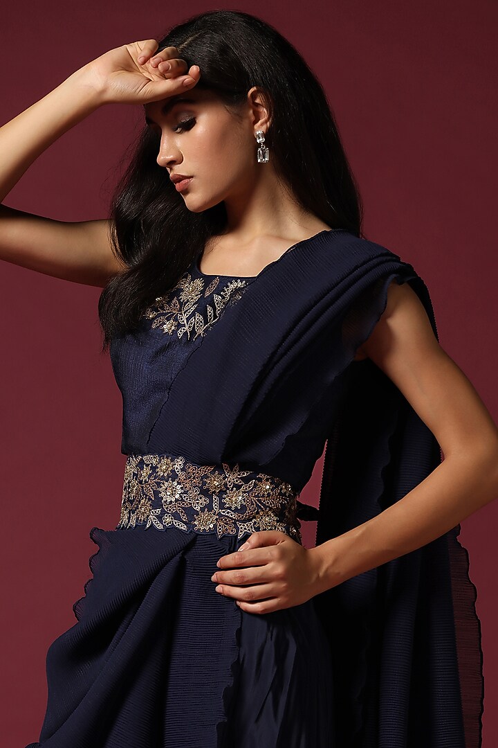 Blue Crepe Silk Hand Embroidered Draped Skirt Wedding Saree Set by Two Sisters By Gyans at Pernia's Pop Up Shop