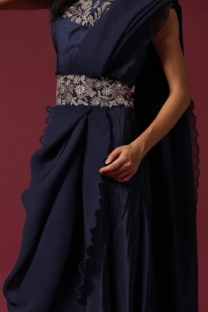 Blue Crepe Silk Hand Embroidered Draped Skirt Wedding Saree Set by Two Sisters By Gyans at Pernia's Pop Up Shop